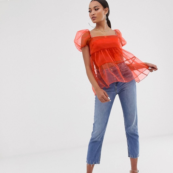 Short sleeve sheered organza top with ruffle detail - Picture 1 of 4